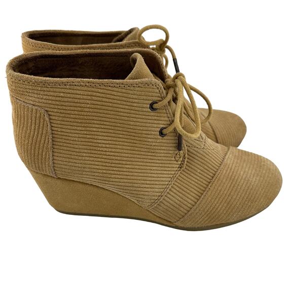 TOMS Womens 8.5M Camel Tan Desert Wedge Corduroy Bootie Lace Up - Picture 3 of 6